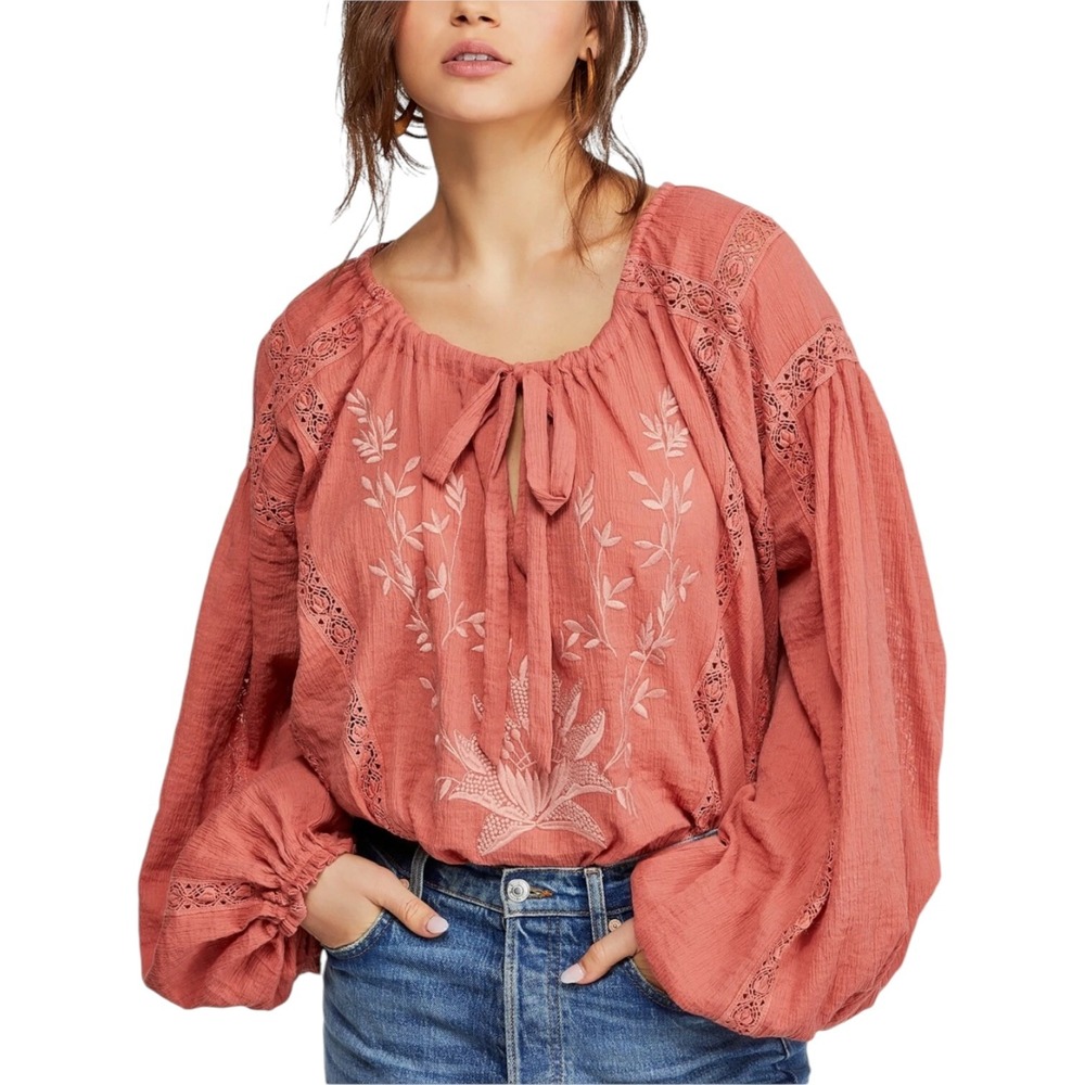 Free People Maria Maria Lace Blouse Terracotta Embroidered Peasant Top SZ Medium